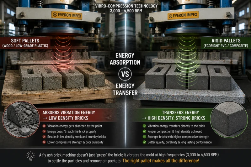 Fly ash brick pallet vibration energy transfer — wooden vs polymer pallet comparison