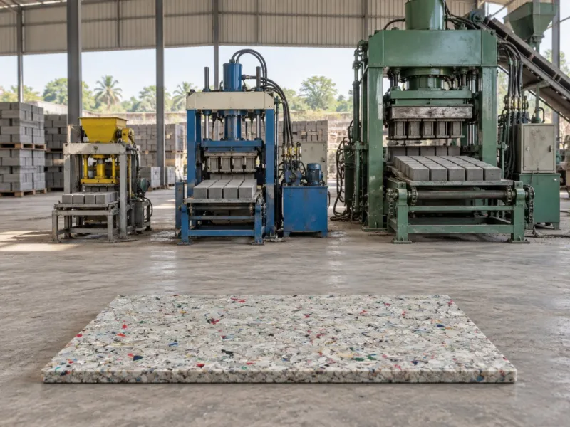 Recycled plastic brick pallet in front of manual, semi-automatic and fully automatic fly ash brick machines