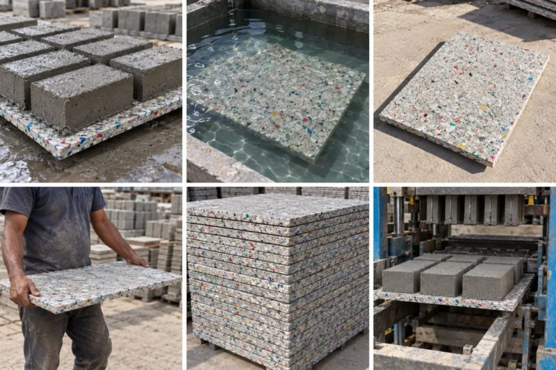 Recycled plastic fly ash brick pallets holding wet bricks, in water curing, in sunlight, stacked and inside a brick machine