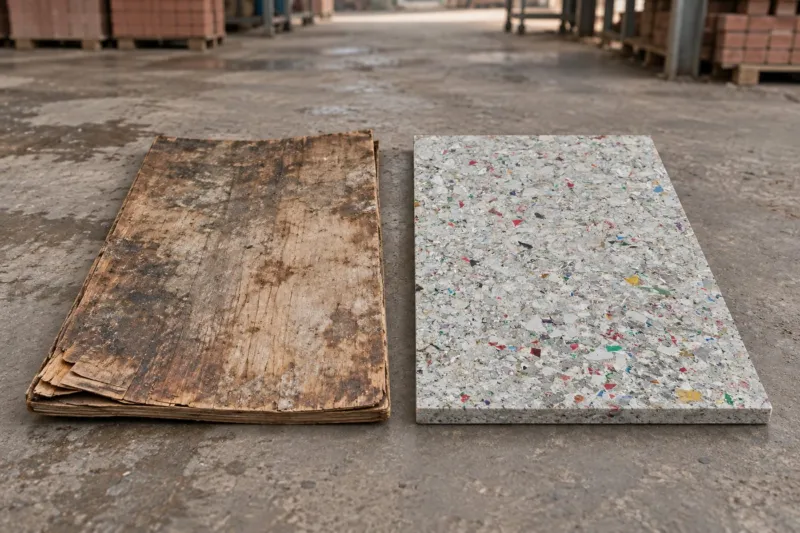 Warped delaminated plywood brick pallet next to a flat recycled plastic fly ash brick pallet
